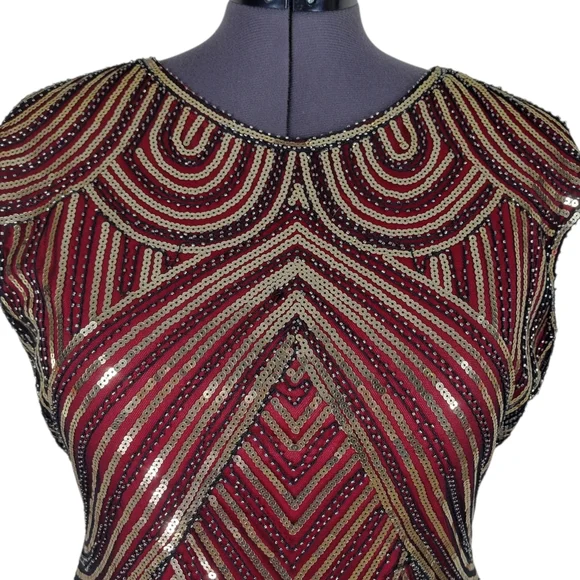 Fundaisy Dress Plus Size 3XL Red Black Mesh Gold Sequins Fringe Gatsby Flapper - Picture 3 of 11